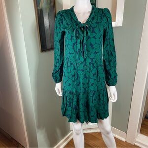 Sail to Sable Teal Blue Leaf Long Sleeve Babydoll Mini Dress XSmall XS Bow Tie